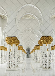 white and gold painted temple, white and yellow building interior HD wallpaper