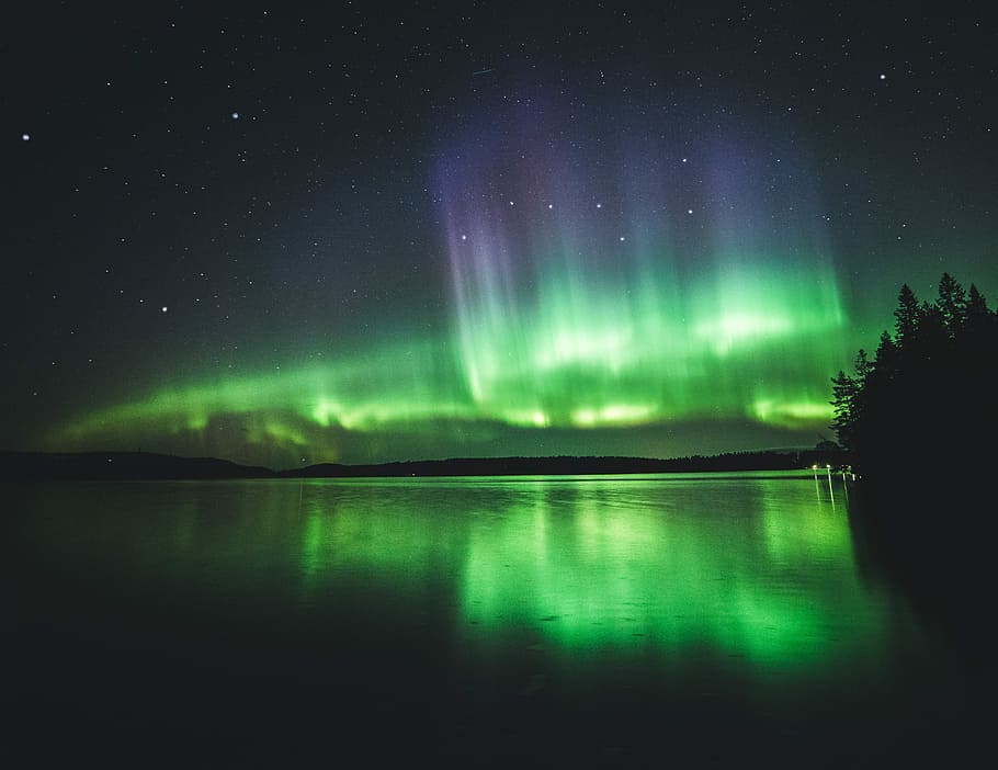 calm body of water under aurora lights, Aurora lights over calm body of water during night time with starry sky HD wallpaper