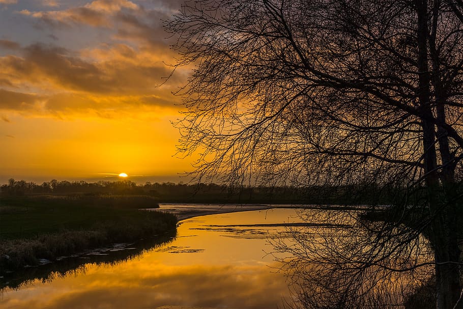 sunset, nature, dusk, panorama, waters, landscape, reflection HD wallpaper