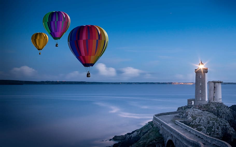 three pink hot air balloons, hot air balloon ride, mission, lighthouse