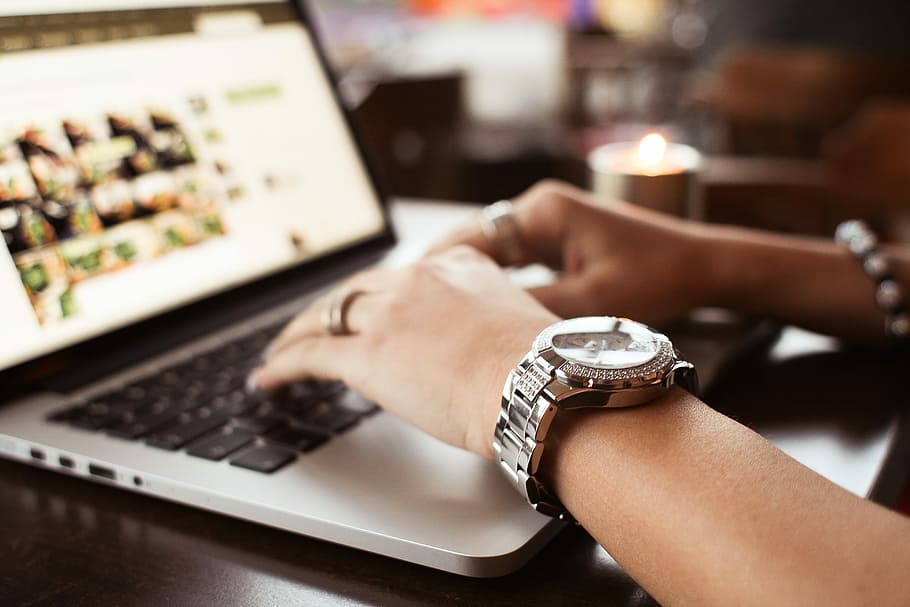 Girl with Watches Typing on MacBook, cafe, desk, hands, nomad, HD wallpaper