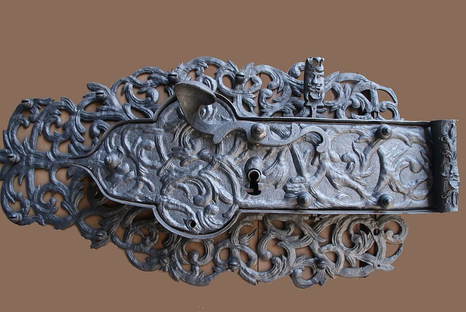 scrolled gray metal wall decor, door lock, old, castle, bolt HD wallpaper