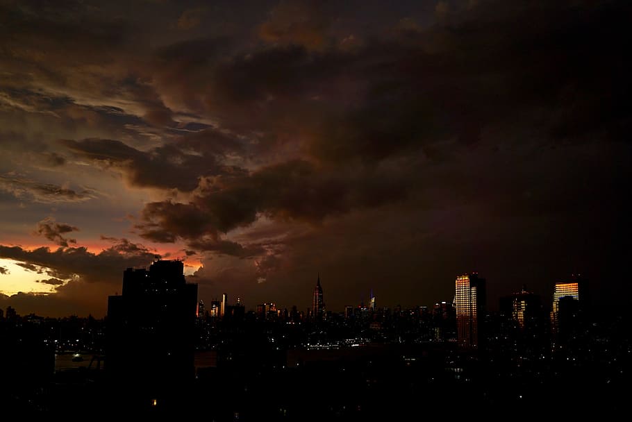 aerial photography of cityscape during golden hour, aerial photography of city during night HD wallpaper