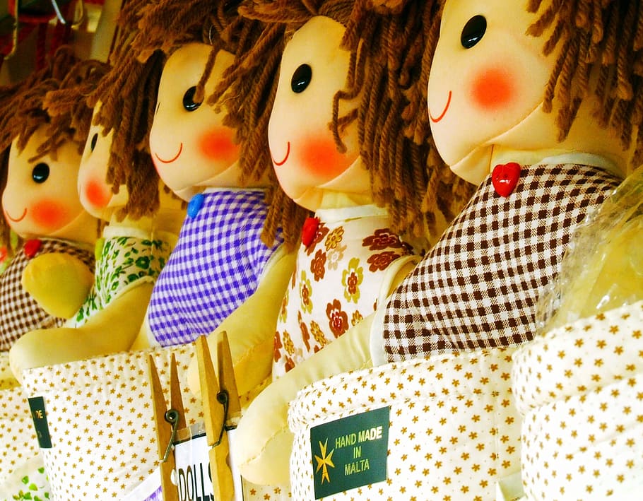assorted-color dolls on display, rag doll, hand made, girl HD wallpaper