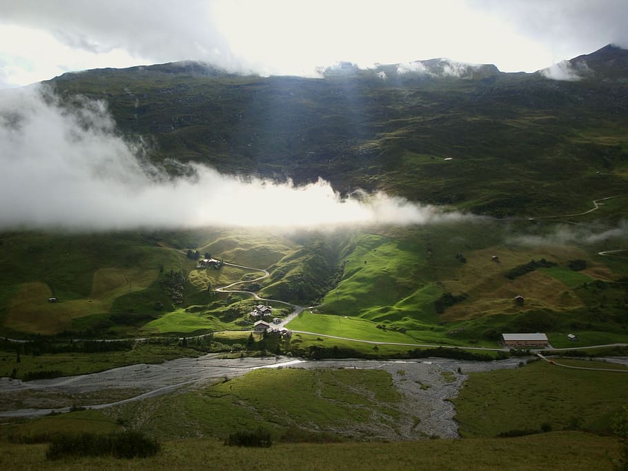 back light, mountains, alpine, bergdorf, clouds, rabiusa, graubünden HD wallpaper