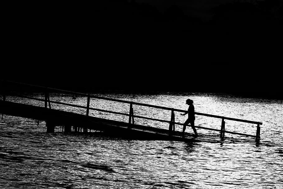 alone, black-and-white, bridge, dock, gangway, lake, monochrome HD wallpaper