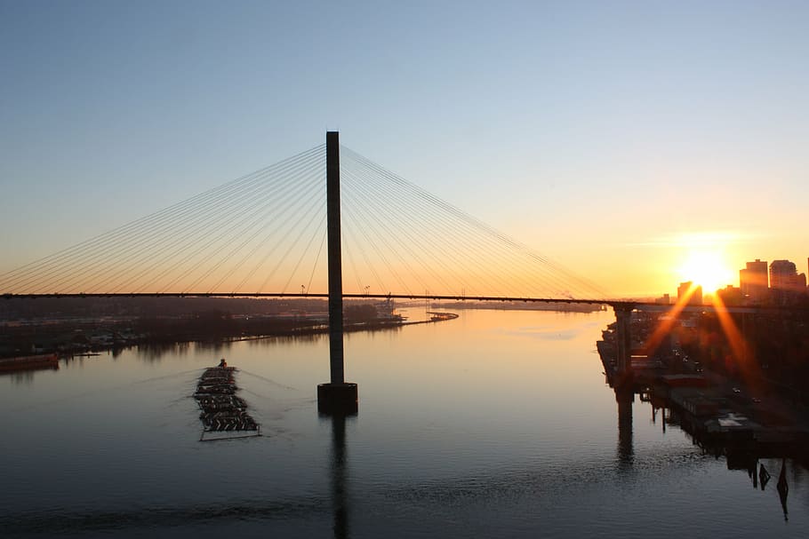 sunset, fraser river, new westminster, bc, bridge, sky, bridge - man made structure HD wallpaper