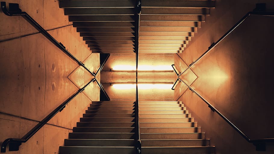 black steel handrails, architecture, dark, light, perspective HD wallpaper