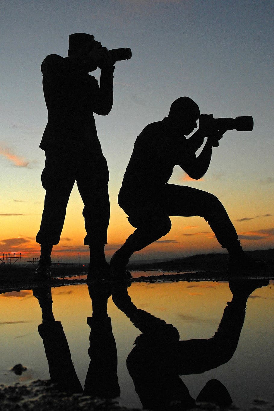 photographers, silhouette, reflection, landscape, sky, sunset HD wallpaper