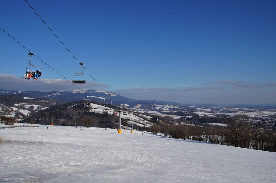 cableway, seater, skiers, winter, mountains, snow, the ski slope