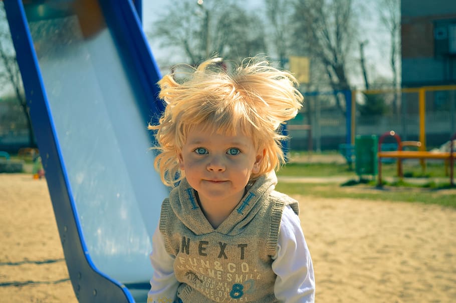 photo of child near slide, boy, play, playground, blonde, little HD wallpaper