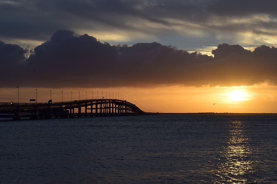 sunset, bridge, sky, water, architecture, cloud, cloud - sky HD wallpaper