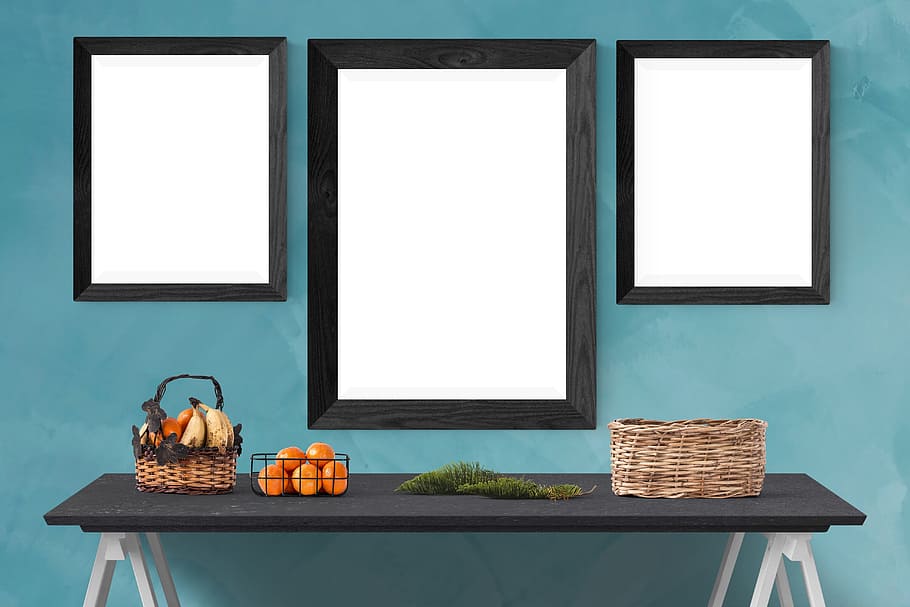 two brown wicker baskets, poster, wall, mockup, interior, frame HD wallpaper