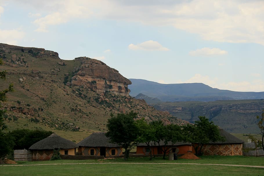 africa, village, rural, huts, rondavels, thatched roofs, mountains