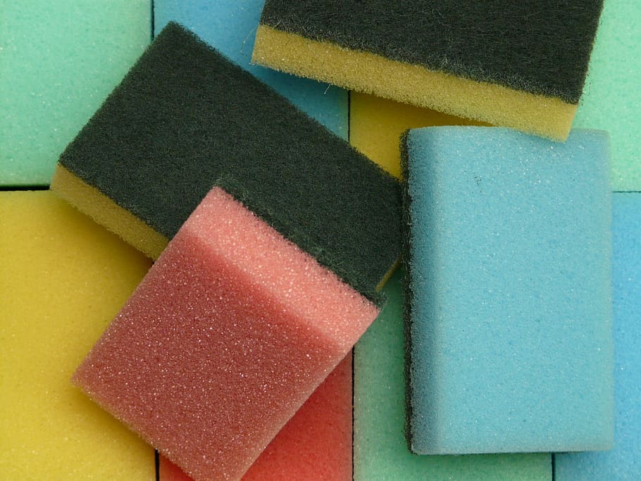 four assorted-color dishwashing sponges, clean, colorful, many HD wallpaper