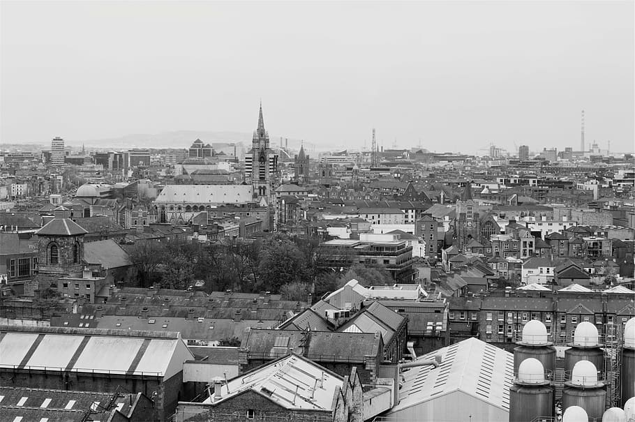 grayscale photo of buildings, aerial, view, rooftops, city HD wallpaper