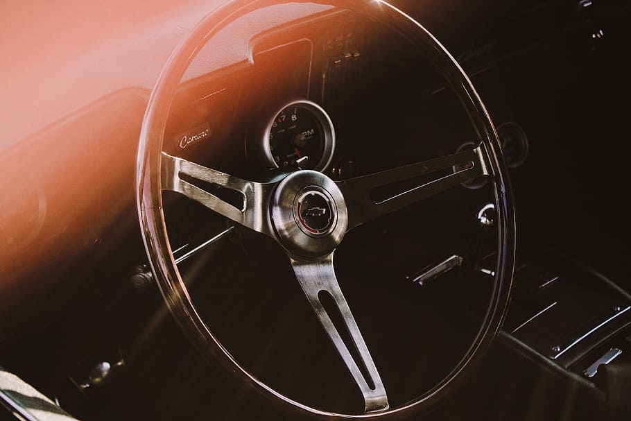 Steering wheel of old retro car, various, cars, chrome, transportation, HD wallpaper