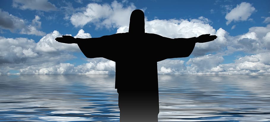 silhouette photo of Christ de Redeemer, cross, statue, sea, pigeons, HD wallpaper