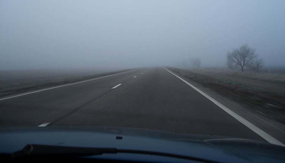fog, road, motion, track, an empty, the way, transportation HD wallpaper