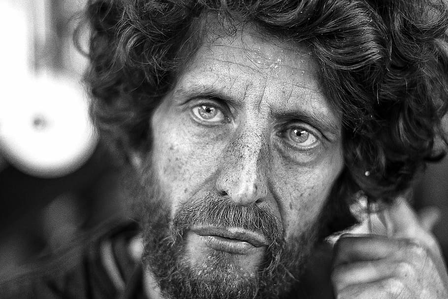 grayscale photography of man's portrait, grayscale photography of man