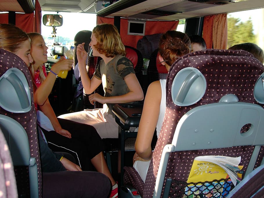 group of girls sitting inside bus while talking, children, schoolgirl, HD wallpaper