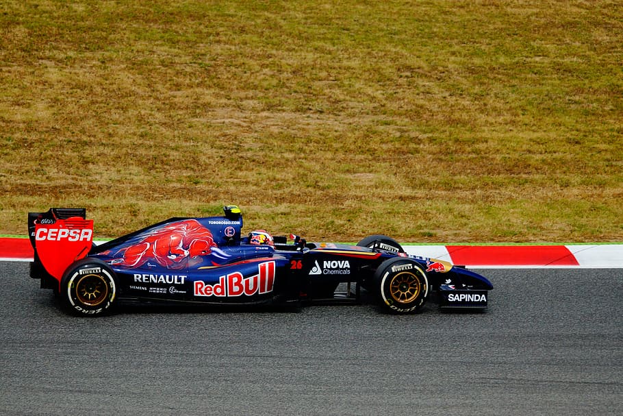 blue and red Renault F1 car on racing field, car racing, barcelona, HD wallpaper