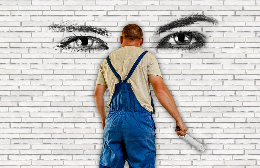 man in blue dungaree, painter, house painter, wall, eyes, stones HD wallpaper