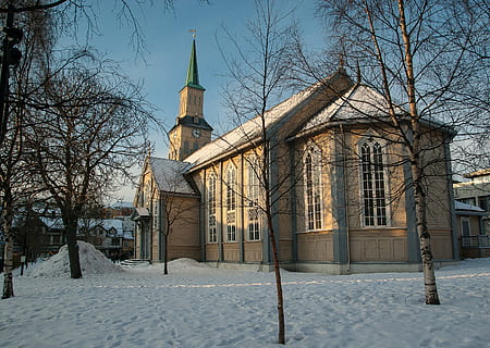 norway, tromso, lapland, cathedral, snow, building exterior HD wallpaper