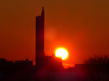 sun, glowing, fireball, sunset, grain silo, schapfe mill, flour mill HD wallpaper