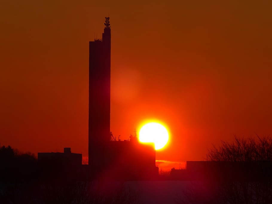 sun, glowing, fireball, sunset, grain silo, schapfe mill, flour mill HD wallpaper