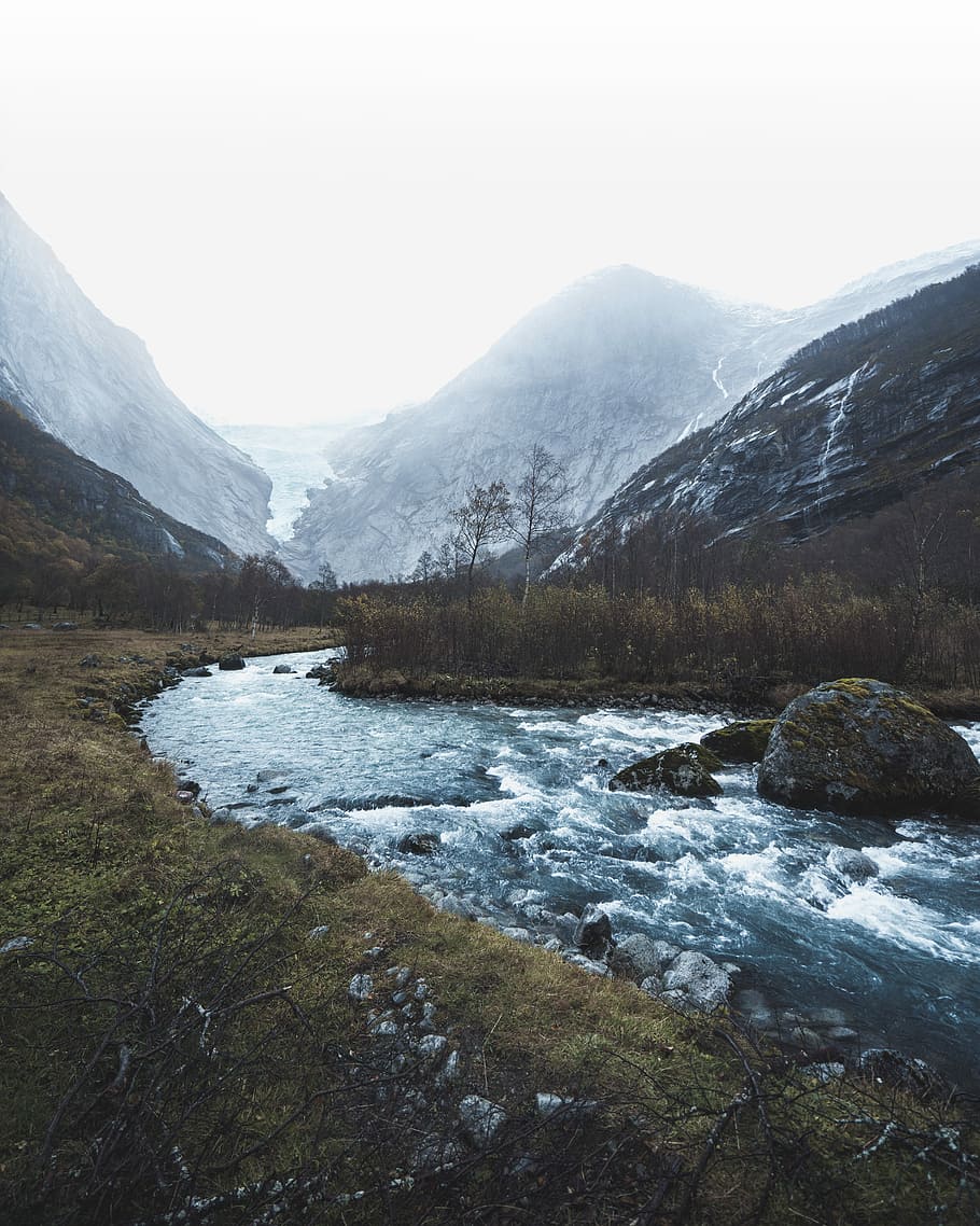 Hiking to Jostedalsbreen, spring river between the mountain, forest HD wallpaper