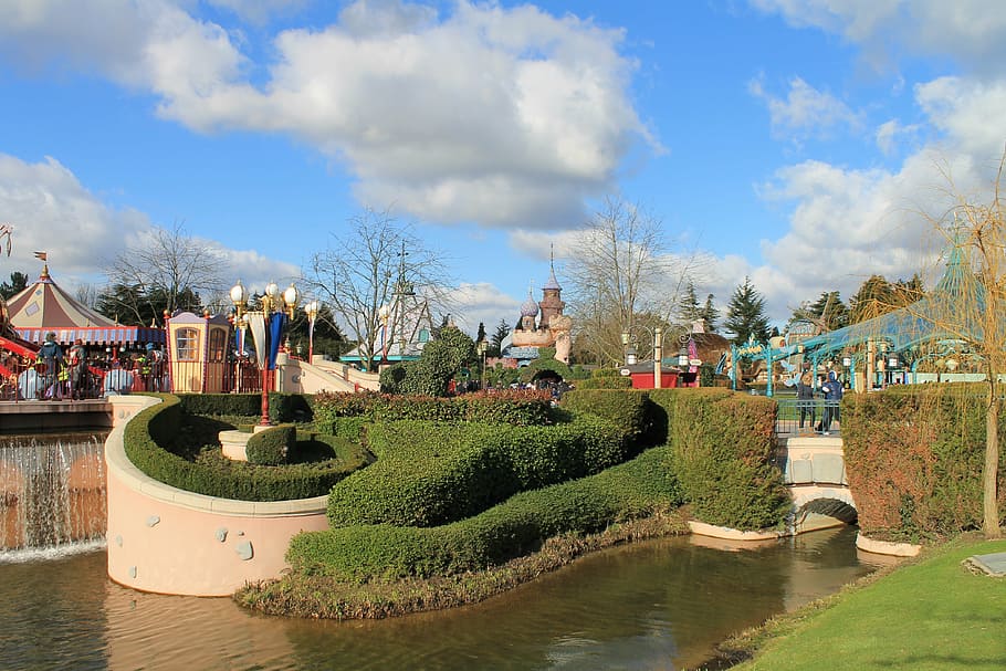 carousel, pond, waterfall, lawn, plant, architecture, tree HD wallpaper