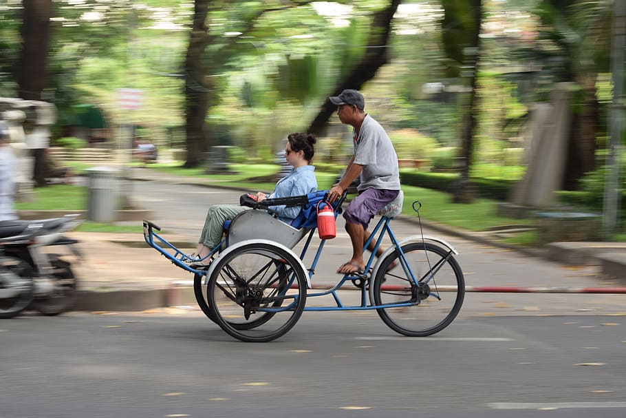 driving a pedicab, work duration, panning, two people, transportation HD wallpaper