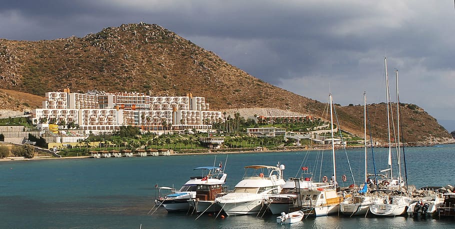 bodrum, hotel, sea, mediterranean sea, vacation, transportation, HD wallpaper