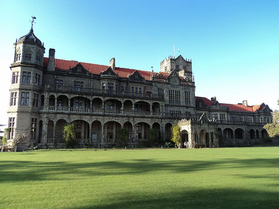 gray concrete building with green field patio, shimla, india, HD wallpaper