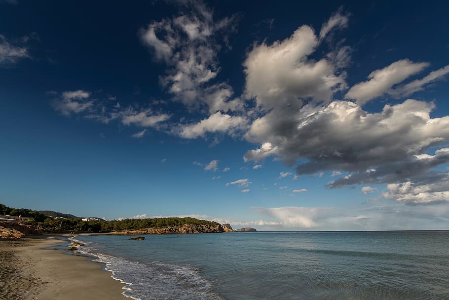 clouds, sky, blue, nature, calm, beach, water, sea, cloud - sky HD wallpaper