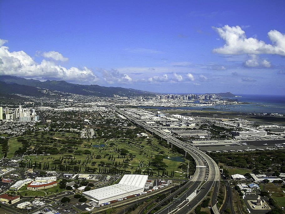 Aerial View of Honolulu, Hawaii, cityscape, photo, highway, public domain