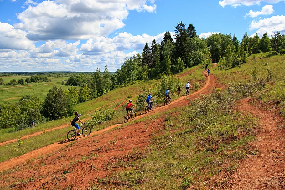 five person riding bicycles, landscape, bike, race, competition, HD wallpaper