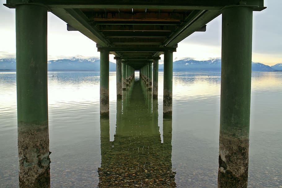 underneath dock photo during golden hour, bridge, web, bridge piers HD wallpaper