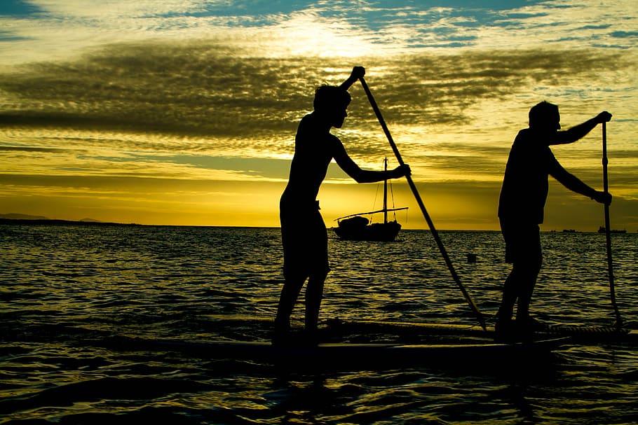 sup, fortress, sunset, beach, silhouette, sky, water, sea, cloud - sky HD wallpaper
