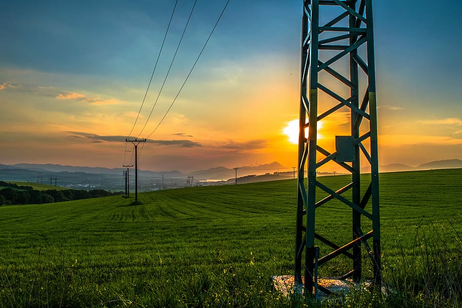 green fields during sunrise, column, meadow, city, field grass HD wallpaper
