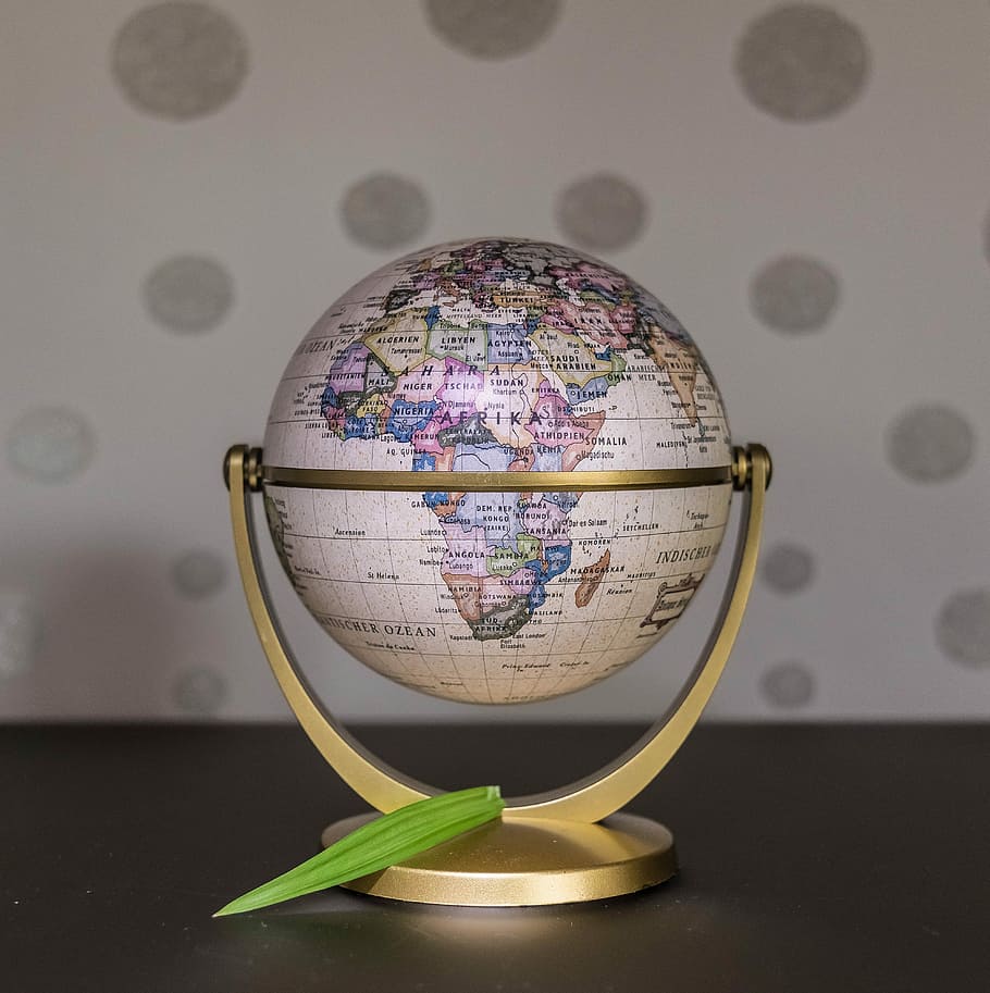 globe with gold stand on table, Earth, World, Planet, Green HD wallpaper