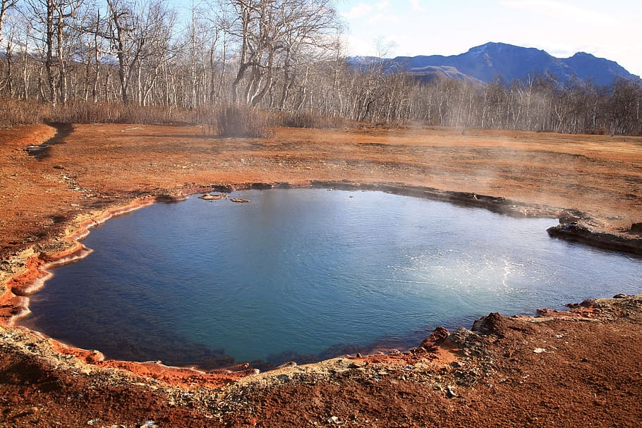 hot spring, forest, mountains, boiling water, silence, kamchatka HD wallpaper