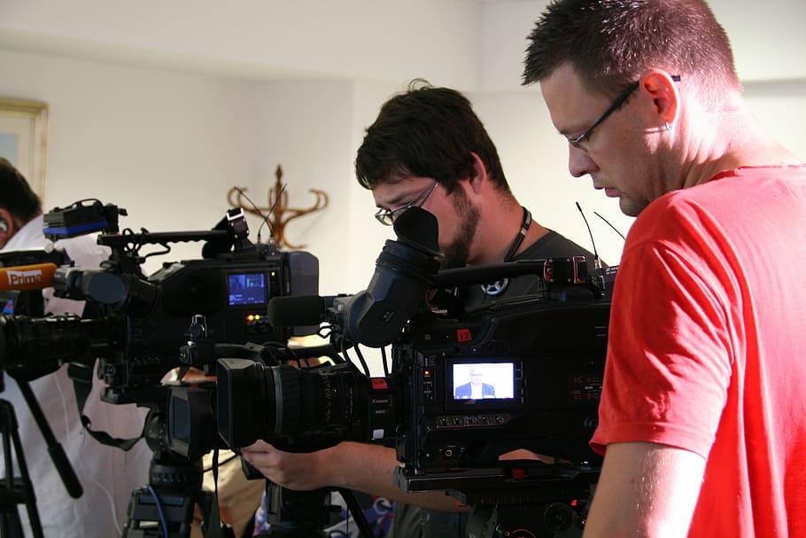 press, tv, live broadcast, two people, men, technology, communication HD wallpaper