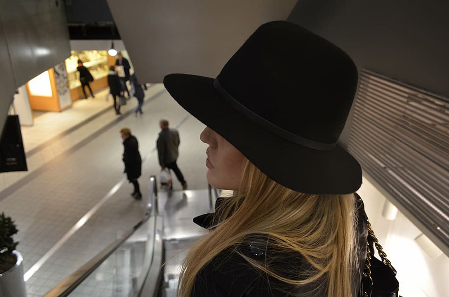 woman wearing black hat inside mall, the shopping center, gdańsk, HD wallpaper
