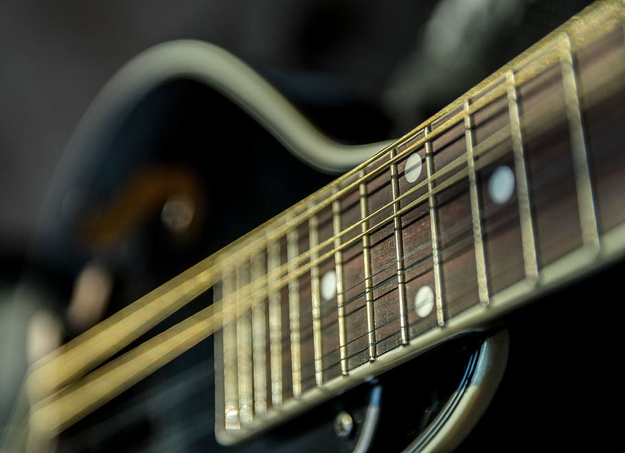 selective focus photography of guitar, photography of stringed instrument HD wallpaper