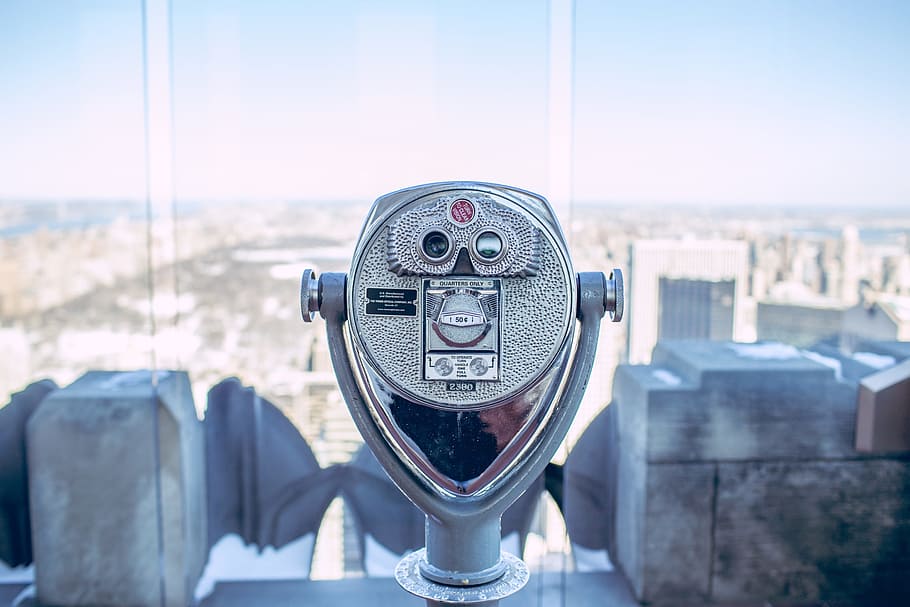 gray telescope, coin operated binoculars on top of a building during daytime, HD wallpaper