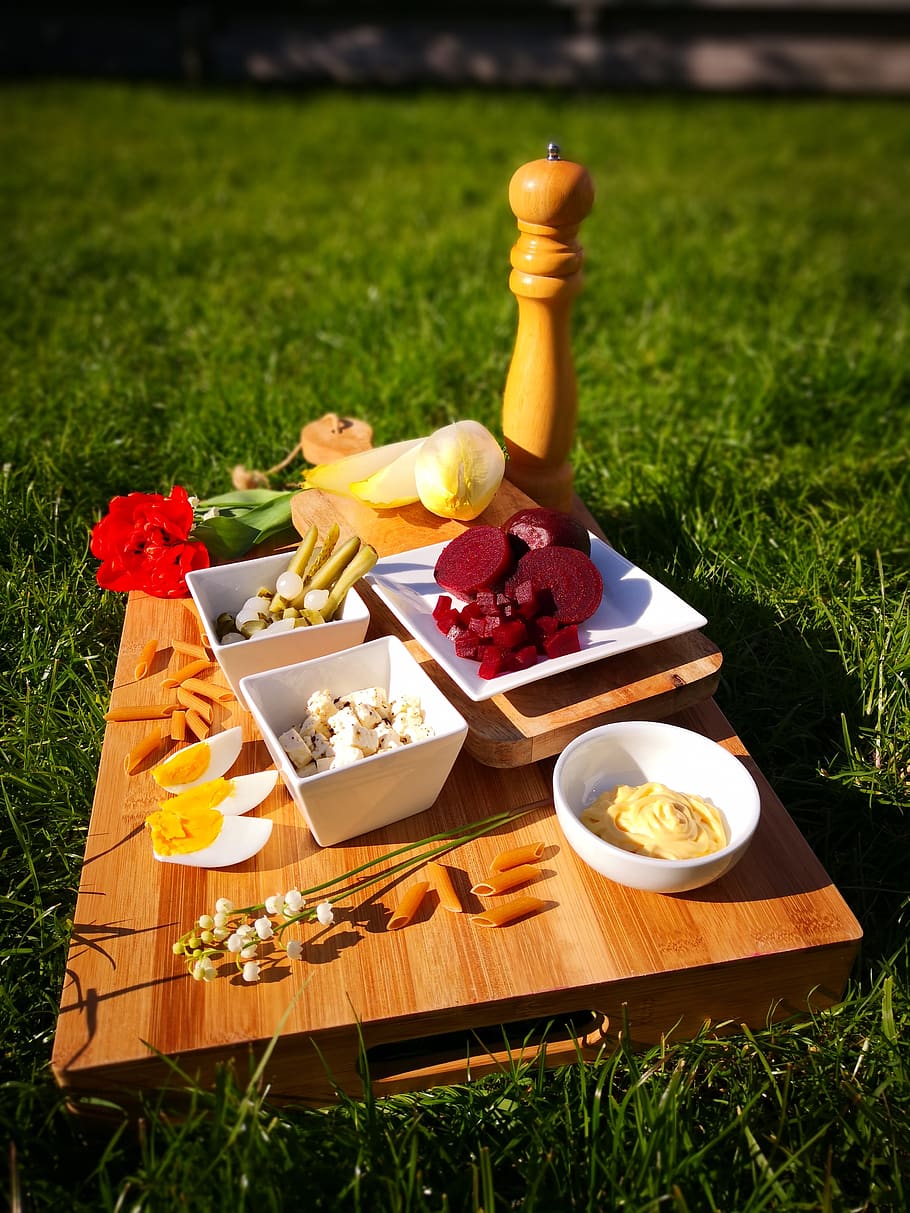 red beets, pasta, salad, food and drink, grass, freshness, plant HD wallpaper