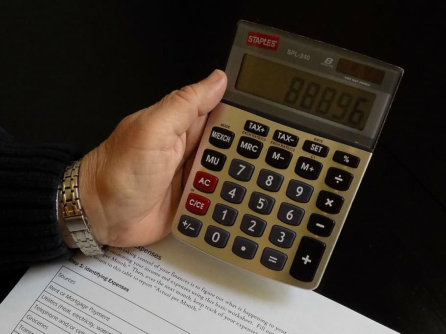 person holding calculator set at 88896, budget, math, pen, financial, HD wallpaper
