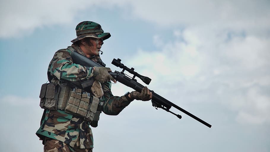 male soldier holding sniper rifle, army, person, gun, weapon